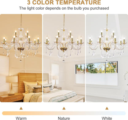 Modern Elegant 12 Lights K9 Crystal Glass Chandelier Golden Pendant Ceiling Lighting European Style for Dining Living Room Bedroom Transparent,12 E12 Bulbs Required