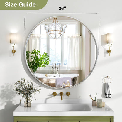 36 Inch Round Bathroom Mirror - Wall Mounted Circle Mirror with Metal Frame, Modern Mirror Suitable for Bathroom, Vanity, Entryway, Living Room, Wall Decor,Silver