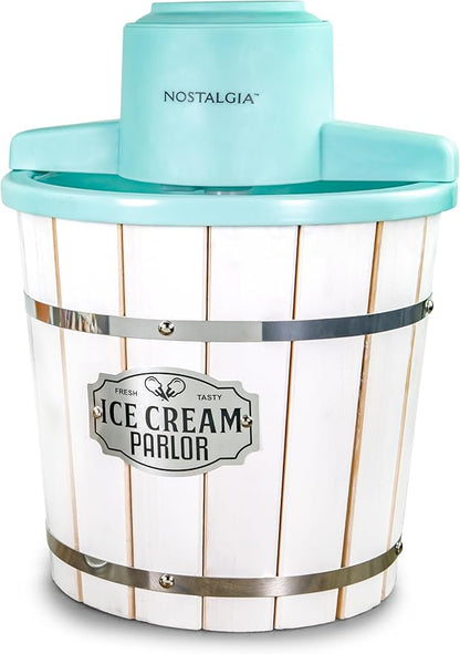 Nostalgia Electric Ice Cream Maker – Wood Bucket Parlor Style, Old Fashioned Soft Serve Ice Cream Machine Makes Frozen Yogurt or Gelato in Minutes - Fun Kitchen Appliance – White & Aqua - 4 Quart