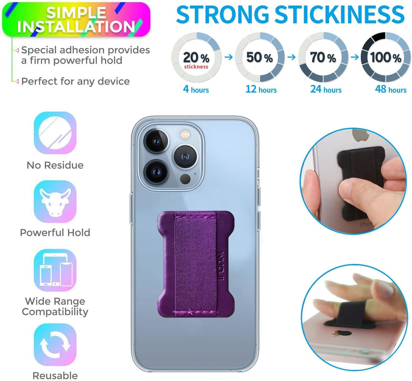 Universal Phone Grip for Smartphones - Phone Holder for Hand for Back of Phone - Wireless Charging Compatible (DeepPurple) - 2Pack