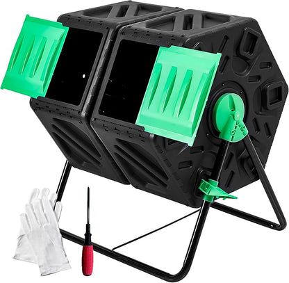 YITAHOME Large Outdoor Dual Chamber Compost Bin, 37 Gallon Rotating Composter Tumbling with 2 Sliding Doors and Aeration System, Garden Compost Tumbler (2x18.5 Gallon,Green)
