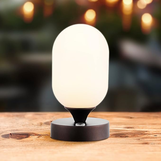 JONATHAN Y 8" Oil Rubbed Bronze Modern Rechargeable Integrated LED Table Lamp, Portable Cordless Accent Light with White Frosted Glass Shade, Dimmable Touch Sensor JYL7111A
