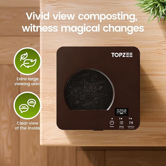 TOPZEE Electric Composter:3L Kitchen Compost Bin Countertop Indoor Odorless, Kitchen Composter Auto-Cleaning, Turns Waste into Natural Fertilizer with a Single Button, Dark Brown