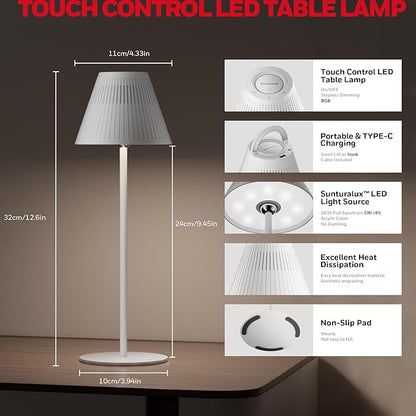 Honeywell M1 Cordless Small Table Lamp Rechargeable, 5200mAh Battery Operated LED Table Lamp, 4 Color 9RGB Stepless Dimmable Touch Control Night Light for Bedroom Restaurant Bedside (2, White)