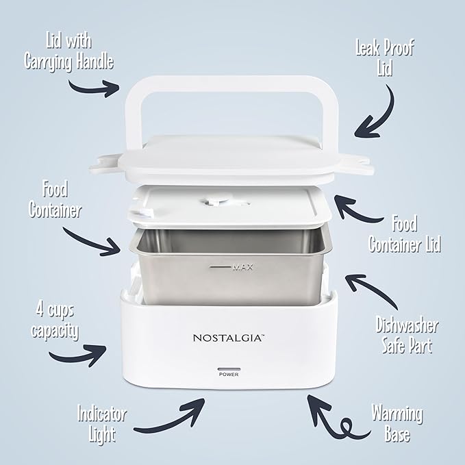 Nostalgia Portable Heated Lunch Box – 4-Cup Stainless Steel Food Warmer – Detachable Cord, Leak-Proof Lid, Carry Handle – Portable for Work & Travel – White
