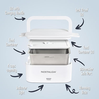 Nostalgia Portable Heated Lunch Box – 4-Cup Stainless Steel Food Warmer – Detachable Cord, Leak-Proof Lid, Carry Handle – Portable for Work & Travel – White