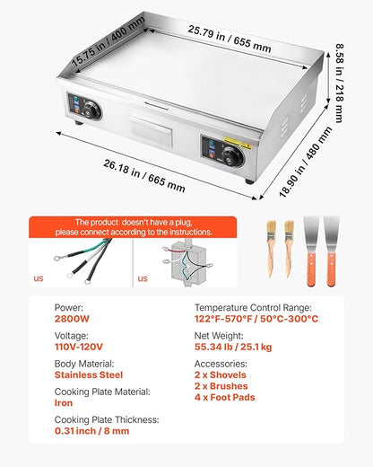 VEVOR Commercial Electric Griddle, 25.79 x 15.75 inch, 2800W, 122-570°F Adjustable Temp Control, Stainless Steel Body, Full Flat, with 2 Spatulas, 2 Brushes, and 4 Foot Pads, for Steak(NO PLUG)