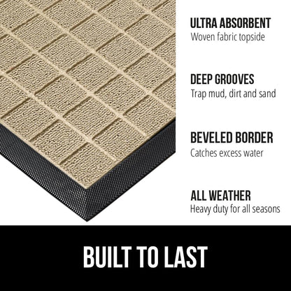 GORILLA GRIP 100% Waterproof All-Season WeatherMax Doormat US Designed Natural Rubber, Stain and Fade Resistant, Low Profile Indoor Outdoor Door Mats, Easy Clean Patio Mat, 23x35, Taupe Grid