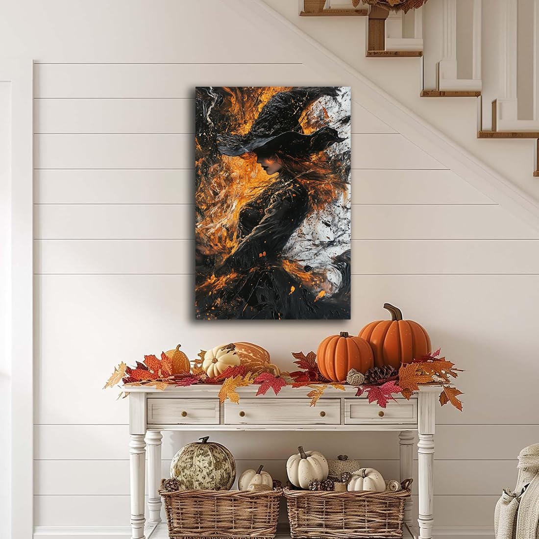 Witch Canvas Poster Print, Dark Academic Picture Wall Decor, Modern Fashion Aesthetic Abstract Witchcraft Halloween Wall Art For Bedroom Living Room Hallway Decoration,12"x18" Framed