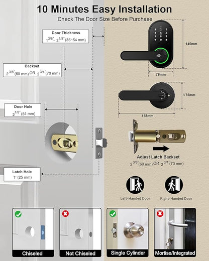 Smart Fingerprint Door Lock with Keypad, Keyless Entry Door Lock, Door Locks for Front Door, Bedroom, Home or Office, Electronic Keypad Deadbolt with Auto Lock, Remote Code Sharing, Easy to Install