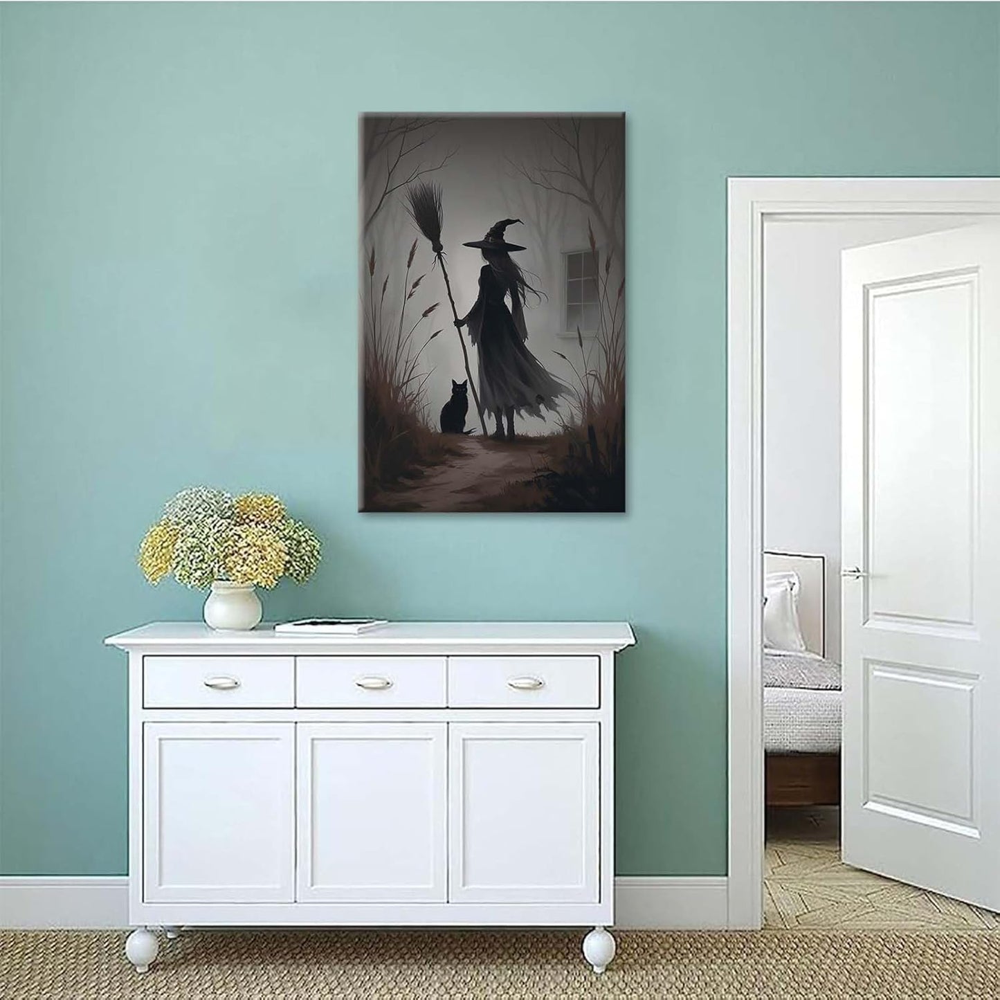 JFHCQJPK Vintage forest witch and black cat poster Halloween mural poster decoration mural art magic suitable for home living room bedroom8x12in Frameless