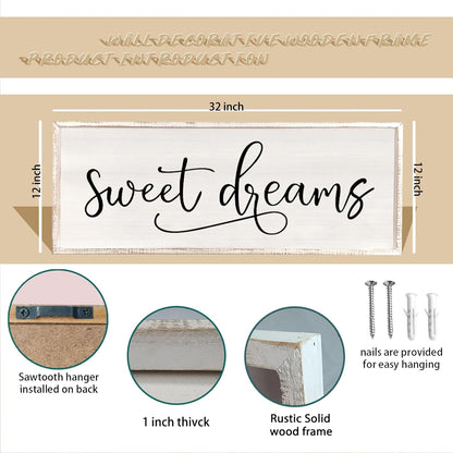 comurdyo Sweet Dreams Wall Decor Above Bed Sign 32" x 12" Master Bedroom Wooden Antique Framed Large Rustic Farmhouse Guest Room Beautiful Simple Hanging Plaque Over Bed Wall Art (White)