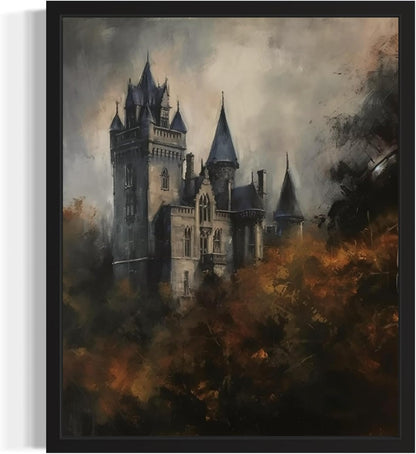 Old Castle Poster Art Print, Halloween Scary Vintage Wall Art Academia Spooky Painting Decoration for Horror Prints, Gothic Posters Bedroom Decor 89 (Old Castle, 16 x 20 inches, Black Frame)