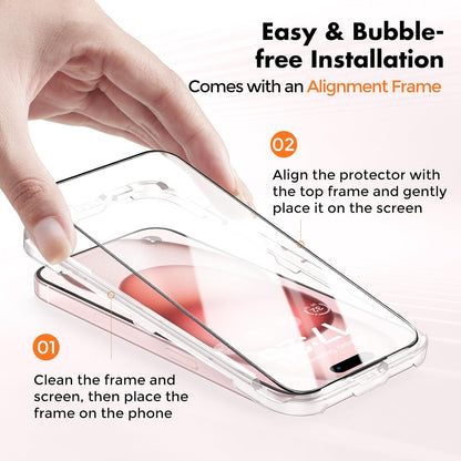 UNBREAKcable 3-Pack Screen Protector for iPhone 15, Double Shatterproof Tempered Glass [Easy Installation Frame] [99.99% HD Clear] [9H Hardness] [Full Coverage] [Case Friendly] for iPhone 6.1 inch