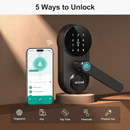 SMONET Smart Lock WiFi Door Lock with Handle: Keyless Entry Fingerprint Deadbolt Lever for Front Door Anti-peep Keypad Works with Alexa,APP Remote Control,Easy to Install,Black