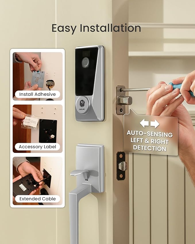DESLOC D110 Plus Built-in Wi-Fi Smart Lock with Handle Set, Keyless Unlock in 0.5s with Fingerprint, Touchscreen Deadbolt with Visible Display, App Remote Control, BHMA Grade 3, IP54, Auto Lock