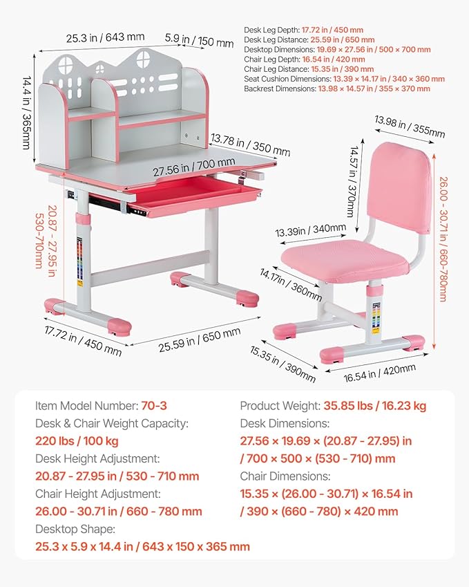 VEVOR Kids Study Chair and Desk Set, Study Desk and Chair for Kids with Bookshelf and Storage Drawer, Adjustable Height Kids Study Desk with Chair, Children Study Table for Bedroom & Study Room, Pink