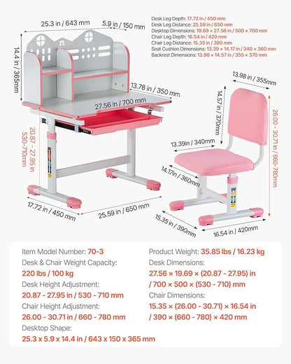 VEVOR Kids Study Chair and Desk Set, Study Desk and Chair for Kids with Bookshelf and Storage Drawer, Adjustable Height Kids Study Desk with Chair, Children Study Table for Bedroom & Study Room, Pink