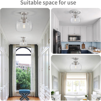 WUZUPS Chandelier Rustic Farmhouse Industrial Round Semi-flushmount Ceiling LED Light Fixture with Clear Glass Shades for Bathroom Kitchen Foyer Entryway, H 10" x W 10", E26 Base, Brushed Nickel