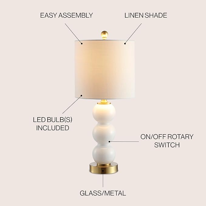 JONATHAN Y 21" White/Brass Gold Glass Table Lamp for Bedroom and Living Room, White Linen Shade, Modern Stacked Sphere Bedside Lamp, LED Bulb Included JYL1021A
