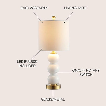 JONATHAN Y 21" White/Brass Gold Glass Table Lamp for Bedroom and Living Room, White Linen Shade, Modern Stacked Sphere Bedside Lamp, LED Bulb Included JYL1021A