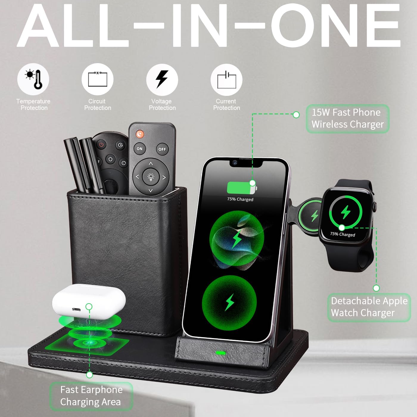 White Leather Pen Holder Desk Organizer with 3-in-1 Wireless Charger for Phone, Earbuds, Watch - Desktop Phone Stand,Birthday Gifts for Women,mom Gifts (Black)