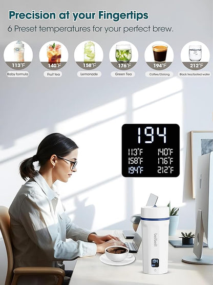 balbali 18.6oz Portable Kettle for Travel 100-250V Dual Voltage for International/Global/Europe - 6 Preset Travel Electric Kettle Hot Water Boiler/Heater/Warmer/Tea Maker - White