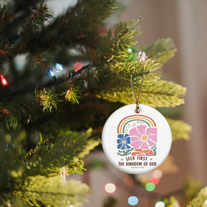 Christian Ornaments, Matthew 6:33 Seek First Scripture 70s Groovy Retro Floral Ceramic Ornament Keepsake Decorations, Christian Gifts for Women Teen Girls