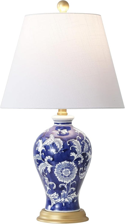 JONATHAN Y 24" Navy/White French Country Ceramic Floral Urn Table Lamp, White Linen Shade, Chinoiserie Ginger Jar Bedside Lamp for Living Room Bedroom, LED Bulb (JYL3009E)
