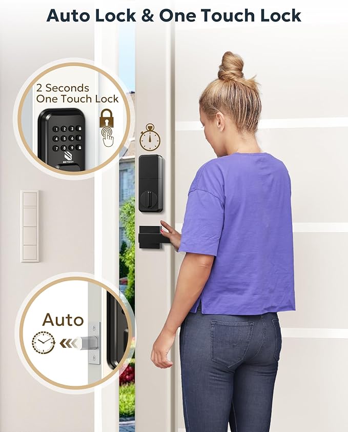 BE-TECH Keyless Entry Smart Door Lock with 2 Lever Handles, Electronic Front Door Locks Set, Digital Keypad Deadbolt, Auto Lock, One Time Codes, Anti Peeping Code, Easy Installation, Black