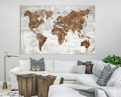 Pictures for Living Room Wall Decoration Canvas Large Wall Art Mens Office Brwon Travel Map Decor Tan Artwork