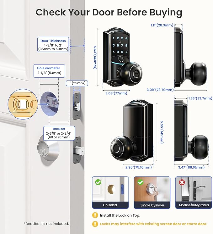 Veise VE028 Built-in Wi-Fi Smart Lock with Knob, Fingerprint Keyless Entry with Handle, App Remote & Voice Control, Electronic Digital Keypad for Front Door and Bedroom, IP65 Waterproof, Matte Black