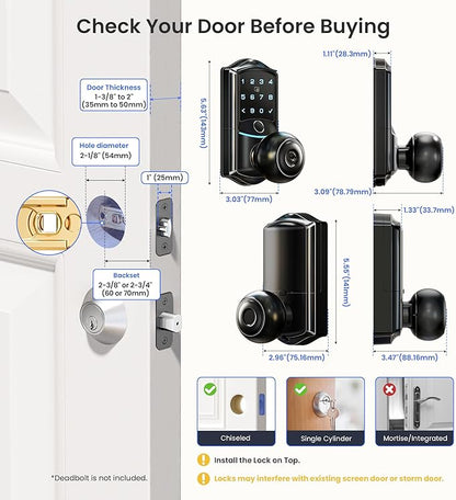 Veise VE028 Built-in Wi-Fi Smart Lock with Knob, Fingerprint Keyless Entry with Handle, App Remote & Voice Control, Electronic Digital Keypad for Front Door and Bedroom, IP65 Waterproof, Matte Black