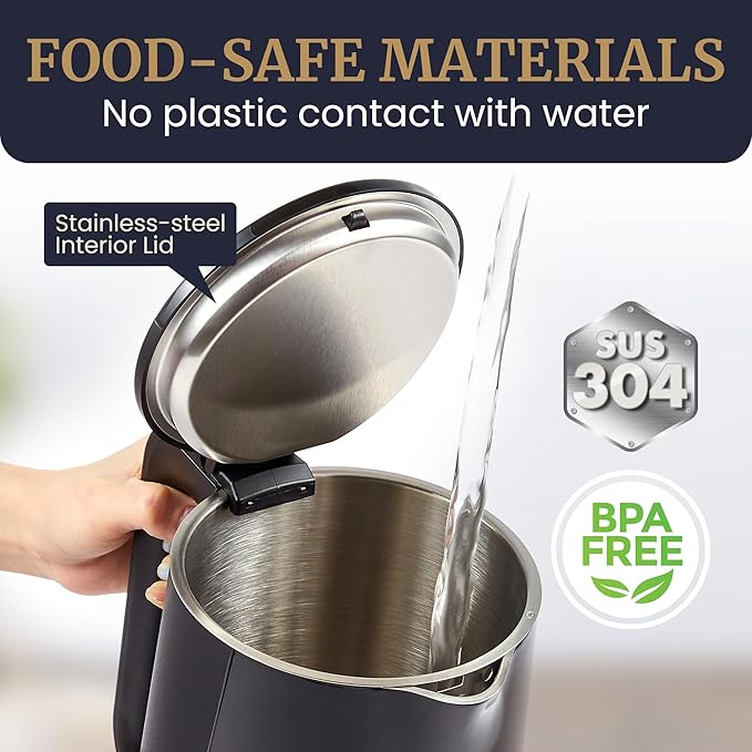 Elite Gourmet 1.7L Cool-Touch 1500W Fast Boil Electric Kettle, Fully Stainless Steel Lid & Interior BPA Free, Double Wall, Auto Shut-Off, Black