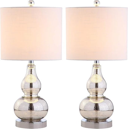 JONATHAN Y 20.5" Mercury Silver Glass Table Lamp, Modern Gourd Bedside Nightstand Lamp for Bedroom, Living Room, White Linen Shade, LED Bulb Included (JYL1028C-SET2)