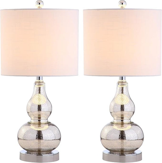 JONATHAN Y 20.5" Mercury Silver Glass Table Lamp, Modern Gourd Bedside Nightstand Lamp for Bedroom, Living Room, White Linen Shade, LED Bulb Included (JYL1028C-SET2)