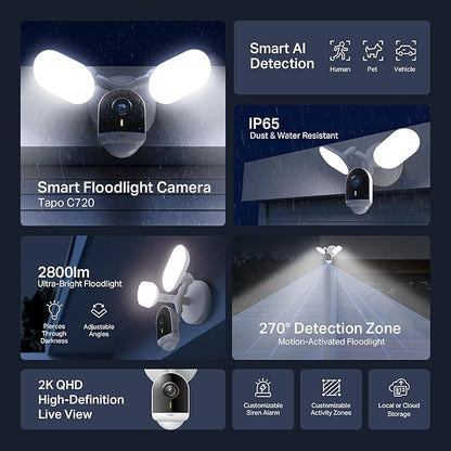 Tapo 2K+ Outdoor Wired Floodlight Security Camera - 2800 Lm Dimmable, Motion Activated, Person & Vehicle Detection, 24/7 Recording, Subscription-Free Local Storage or Optional Cloud, C720