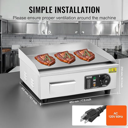 VEVOR Commercial Electric Griddle, 1700W Countertop Flat Top Grill, 18in Stainless Steel Griddle Grill with 2 Shovels and 2 Brushes for Home or Restaurant, 122℉-572 ℉ Adjustable Temp