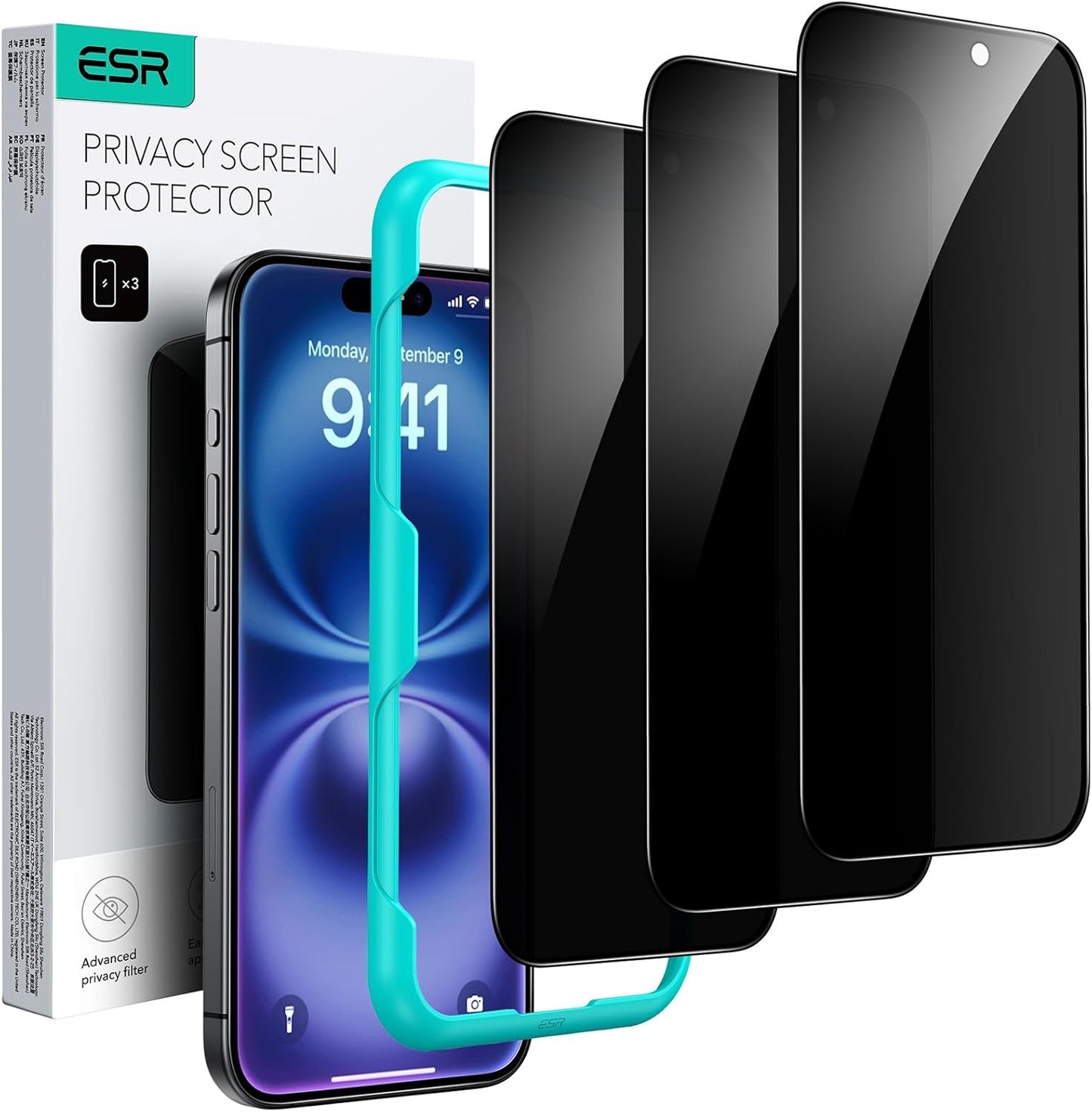 ESR 3 Pack for iPhone 16 Plus/iPhone 15 Plus Privacy Screen Protector, Anti-spy Tempered-Glass Privacy Screen Protector with Easy Installation Tool, Micro-Curved Edges, Case Friendly