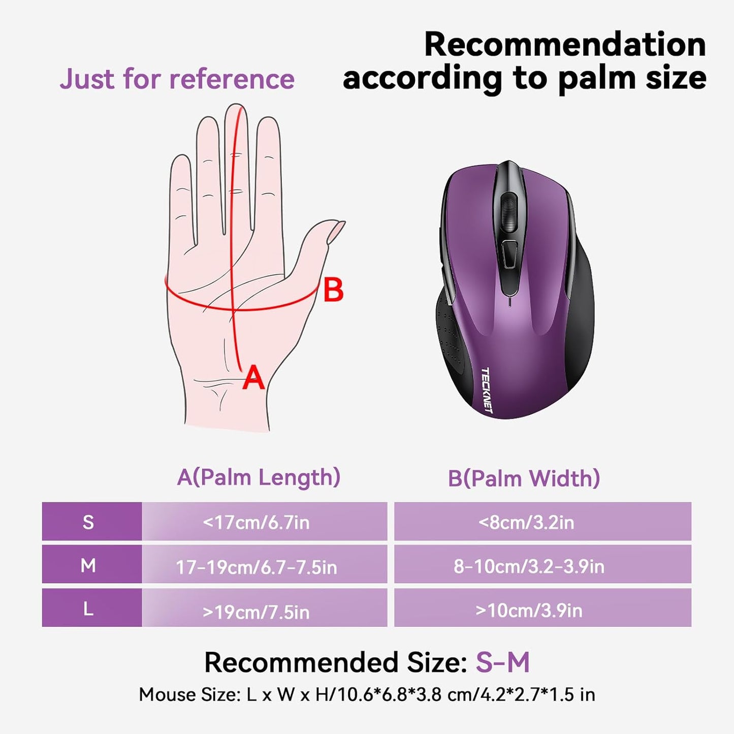 TECKNET Wireless Mouse (2.4G & BT5.0/3.0) Silent 4800 DPI Computer USB A & Bluetooth Mouse 6 Buttons, Wide Compatibility - Purple