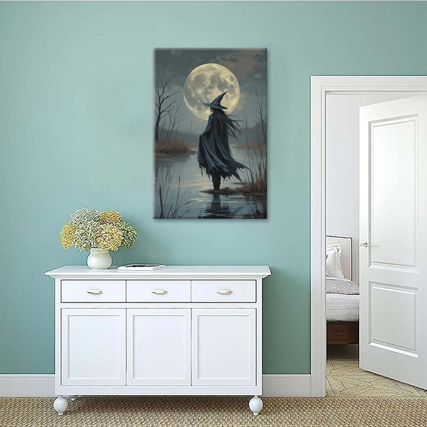Witch in the moonlight magic canvas wall art enchanting Halloween home decor swamp witch silhouette oil painting mysterious gothic aesthetic wall decor print poster12x16in Wood Framed