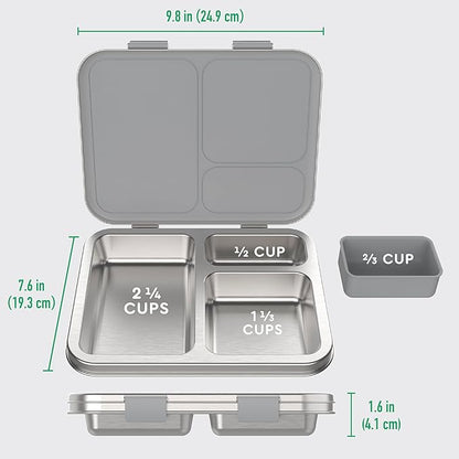 Bentgo Kids Stainless Steel Leak-Resistant Lunch Box - 3-Compartments with Bonus Silicone Container, Durable, Eco-Friendly, Dishwasher Safe, BPA-Free, Ideal for School, Ages 3+ (Silver)