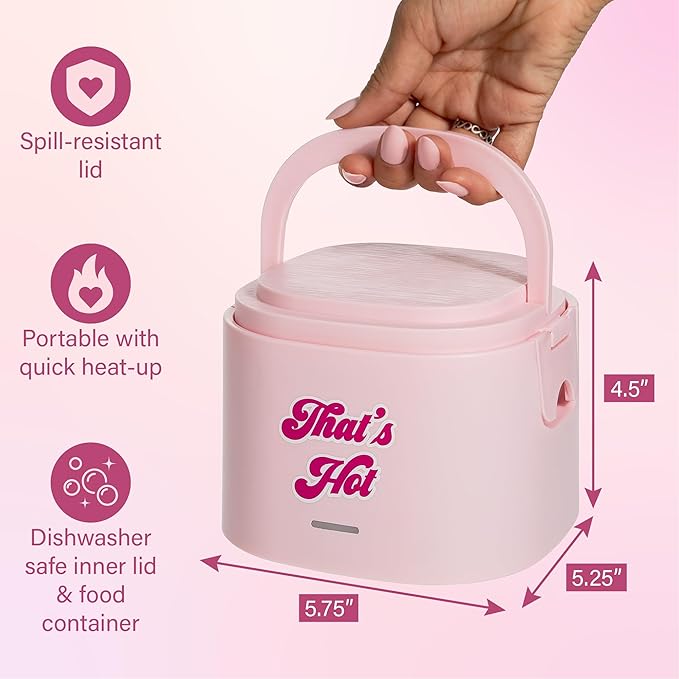 Paris Hilton Electric Lunch Warmer, 20-Ounce Stainless Steel Portable Food Container With Sealing Lid, Removable 2.5-Cup Inner Dish, “That’s Hot” Front Decal, Pink