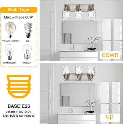 BONLICHT Bathroom Vanity Light Fixtures 3 Lights Modern Wall Sconce Brushed Nickel with Metal Base and Hammered Glass Shade, Industrial Farmhouse Bath Wall Lights for Hallway Kitchen Bedroom