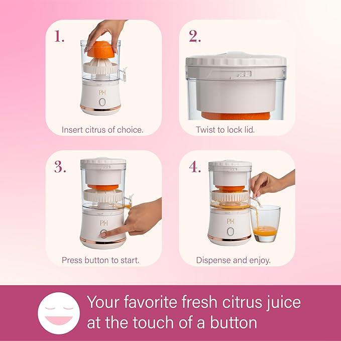 Paris Hilton Electric Citrus Juicer, Mini Portable Cordless Juicer with USB Rechargeable Base, One-Touch Button, Compact Lemon, Lime and Orange Juicer, White