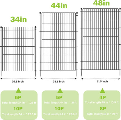 5 Panels No Dig Garden Fence with Gate, 44in(H) × 11.8ft(L) Decorative Metal Outdoor Dog Fence, Rustproof Pet Fencing for Yard, Patio, Flower Bed -Temporary Fencing| Easy to Install