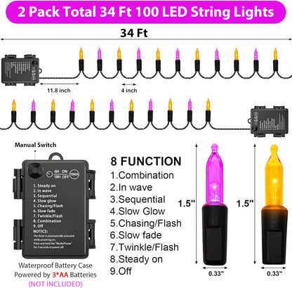 Halloween Lights, 2 Pack 100 LED Orange & Purple Battery Operated Mini String Light, 32 Ft Total Waterproof Halloween Lights 8 Modes for Indoor Outdoor Patio Garden Holiday Party Decorations