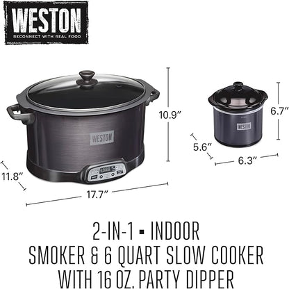 WESTON 2-in-1 Programmable Slow Cooker & Electric Indoor Smoker, 6 Quart, 3-Tier Smoking Rack for Meat, Cheese and More, Dishwasher Safe Crock, Temperature Probe, Includes 16 oz. Party Dipper, Black