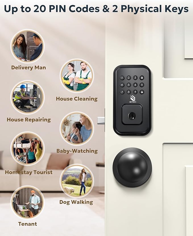BE-TECH Keyless Entry Smart Door Lock with 2 Knob Handles, Electronic Front Door Locks Set, Digital Keypad Deadbolt, Auto Lock, One Time Codes, Anti Peeping Code, Easy Installation, Black