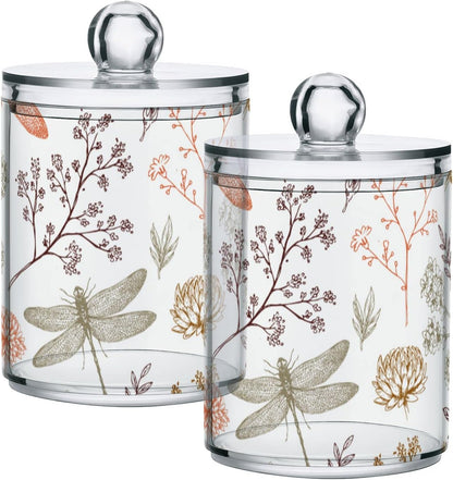 2 Pack Qtip Holder Organizer Dispenser Dragonfly Pattern Bathroom Storage Canister Cotton Ball Holder Container for Cotton Swabs/Pads/Floss